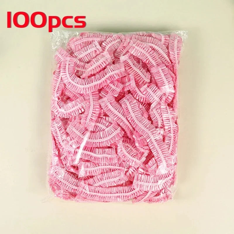 100 Pieces/set Women's Disposable Shower Cap  Plastic Waterproof Head Cover  Pink Spa Salon  Hotel Hair Dye  Elastic Hair Cap
