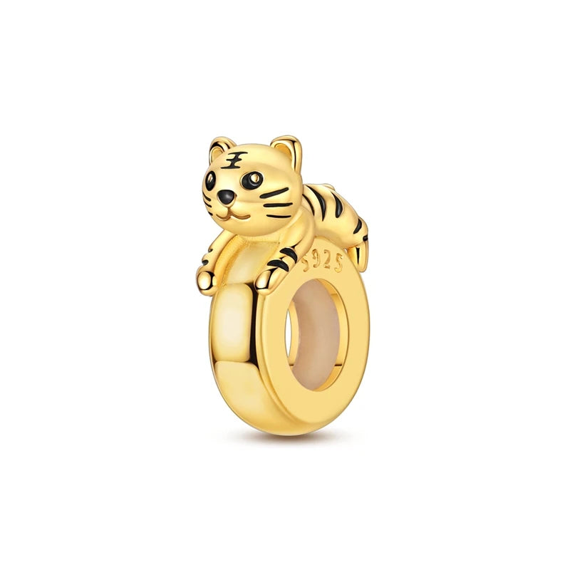 Original 925 Sterling Silver Gold Series DIY Charms Beads Inlaid Zirconium Sun Leopard Pendants Fit Bracelet DIY Jewelry Making