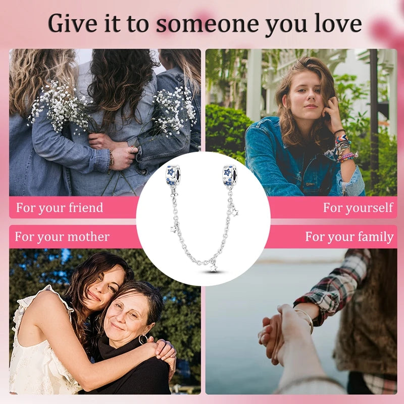Safety Chain Hot Sales 925 Sterling Silver Brilliant Star Safety Chain Charms Fit 3mm Original Bracelet DIY Women Party Jewelry