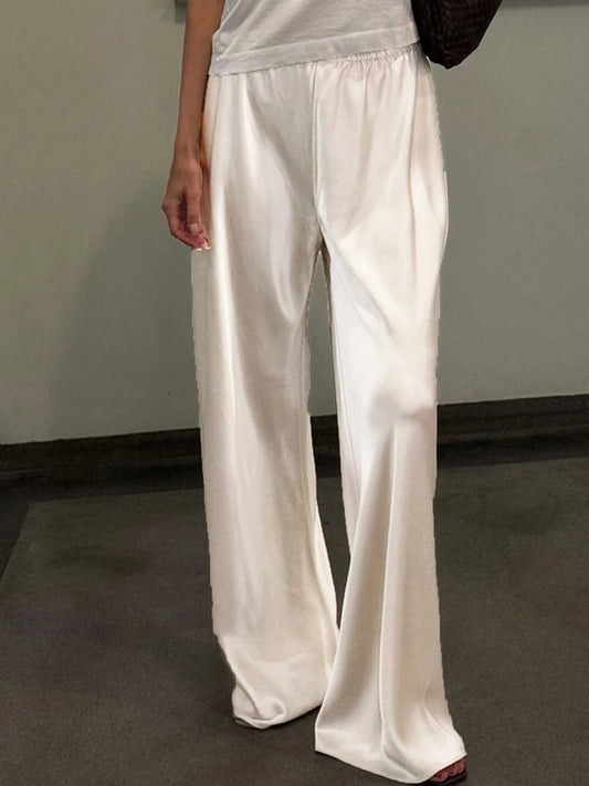 Chic Satin Wide Leg Dress Pants Women's Stylish Elastic Waist Loose Fit Long Trousers for Streetwear Work Solid Color
