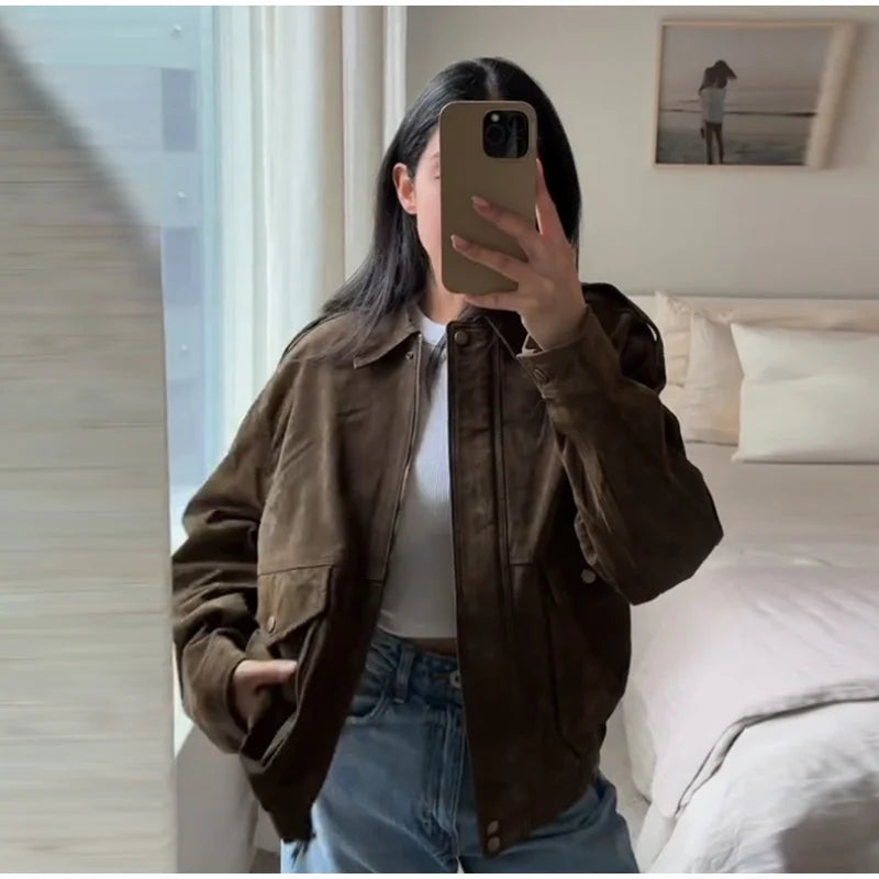 Brown Suede Jacket For Women Fashion Lapel Zipper Long Sleeve Pockets Motorcycle Bomber Coat 2025 New Spring Lady Loose Outwears