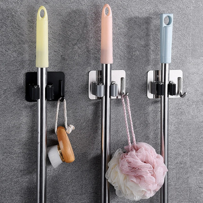 Adhesive Wall Multi-Purpose Hooks for Kitchen & Bathroom Easy Hang No Drill Required Mop And Broom Hanger Home Organizer