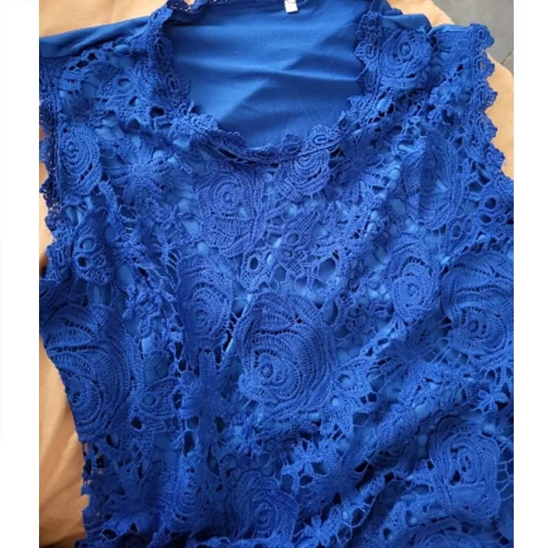 Summer Floral Lace Sleeveless Blouse Elegant Intricate Rose Pattern Top Casual O Neck Women's Tanks Top Solid Color Party Shirt
