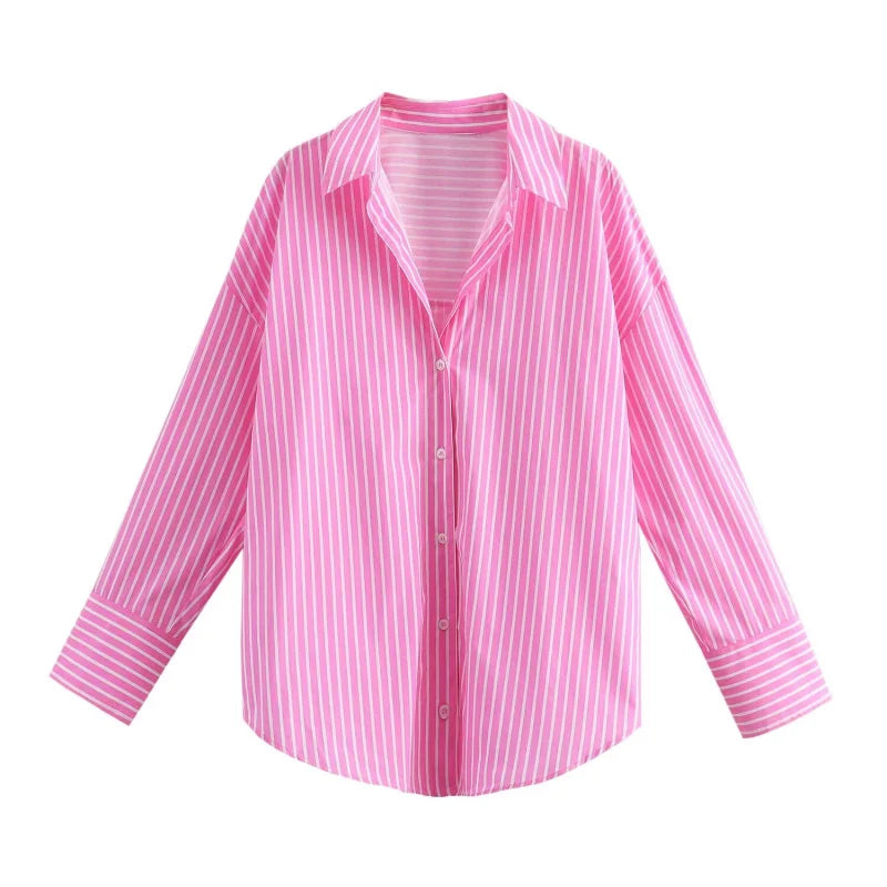ETJ 2025 women's spring new Europe-American fashion striped long sleeve lapel loose version poplin shirt multi-color selection