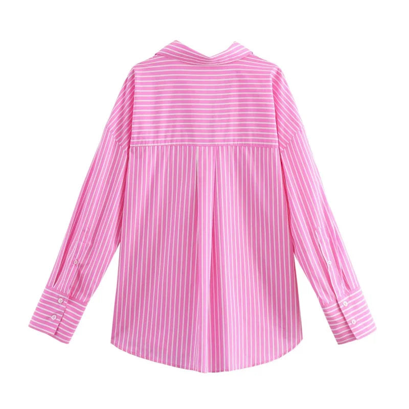 ETJ 2025 women's spring new Europe-American fashion striped long sleeve lapel loose version poplin shirt multi-color selection