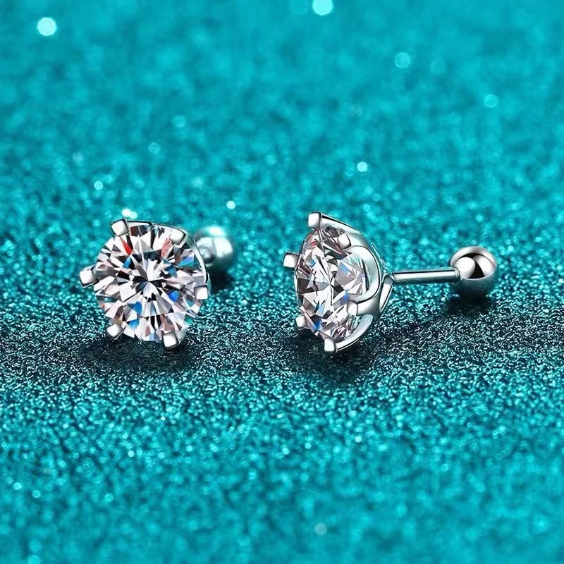 BIJOX STORY Women's Moissanite Screw Stud Earrings D Color 925 Sterling Silver 6 Prong Diamond Wedding Fine Jewelry