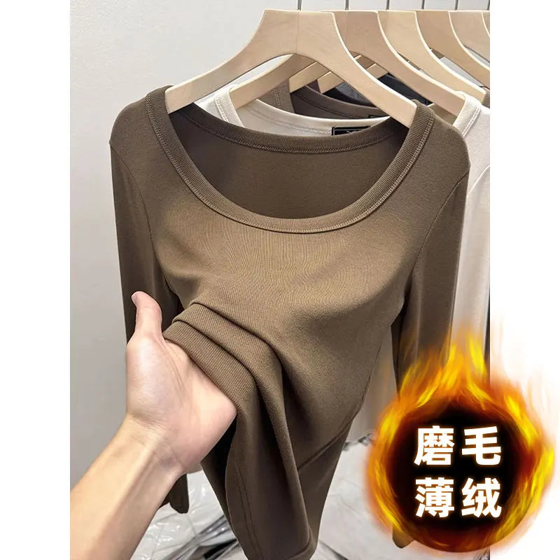 Fashionable U-Neck Long Sleeve Base Shirt Women's Slim Fit Low Collar Top T-Shirt Pure Color Commute Style Spring 2024