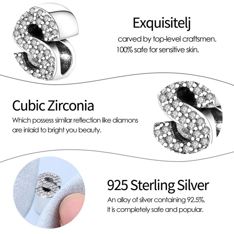 925 Sterling Silver Letter Series - S Charms Beads Sparkling CZ Zircon Dangle Fit Original Bracelet DIY Women Birthday Jewelry