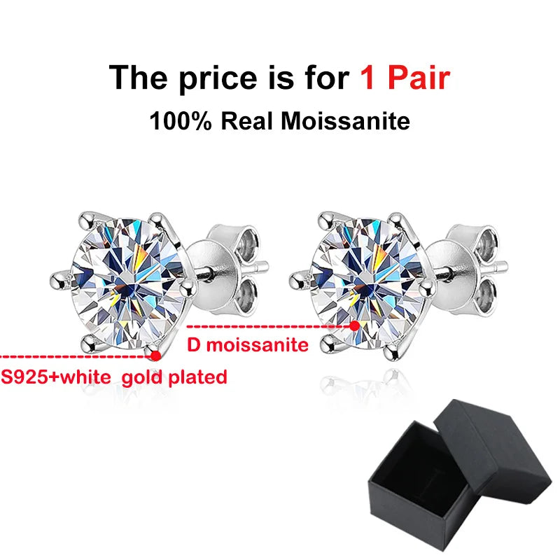 BIJOX STORY Women's Moissanite Screw Stud Earrings D Color 925 Sterling Silver 6 Prong Diamond Wedding Fine Jewelry