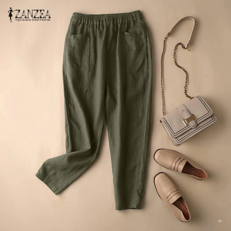ZANZEA Summer Trousers Women Vintage Cotton Pants Elastic Waist Solid Harem Pant Casual Loose Pantalon Oversize Turnip Palazzo