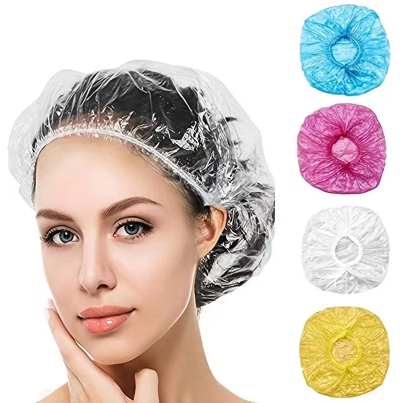 100 Pieces/set Women's Disposable Shower Cap  Plastic Waterproof Head Cover  Pink Spa Salon  Hotel Hair Dye  Elastic Hair Cap