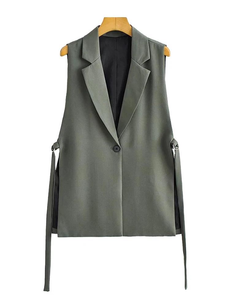 Women Fashion With Taps Side Vents Waistcoat Vintage Sleeveless Front Button Female Outerwear Chic Vest Tops