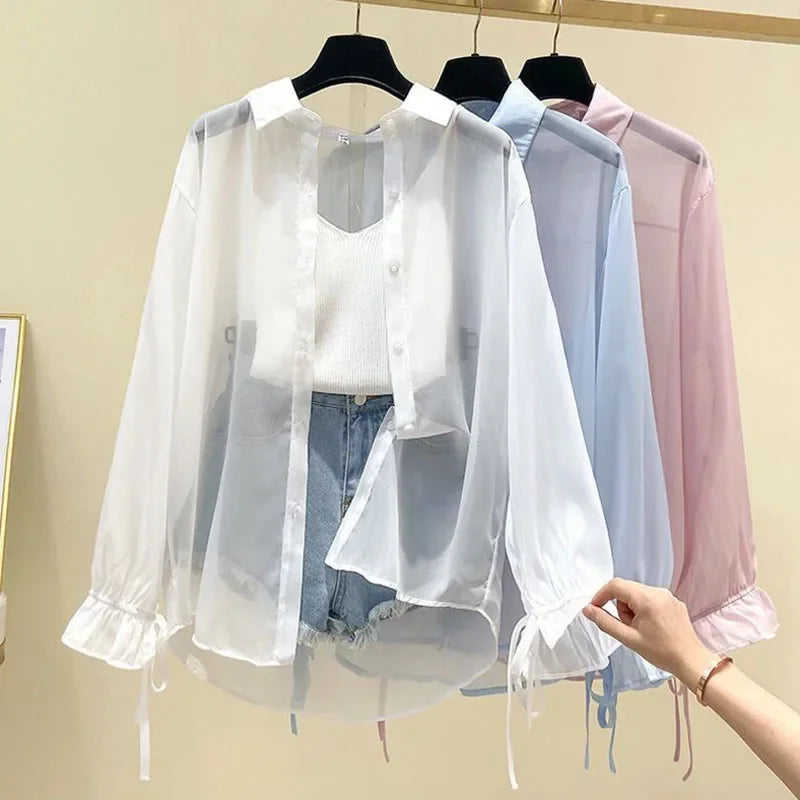 Smvp Chiffon Blouses for Women Summer Thin Loose Button-Up Sunscreen Shirt Woman Korean Fashion Bow Lace-up Long Sleeve Shirts