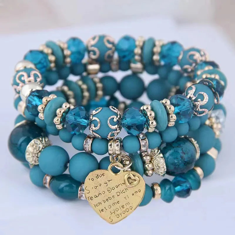 4pcs/set Boho Strand Bracelets For Women Crystal Beads Bracelets Heart Letter Elastic Bangles Wristband Yoga Jewelry Gifts K-