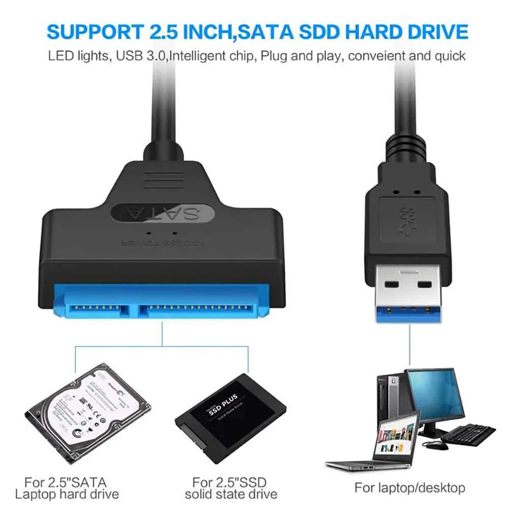 For 2.5 inch Hard Drive HDD/SSD Data Transfer SATA to USB 3.0 Adapter Cable, External Hard Drive Converter Support UASP (Black)