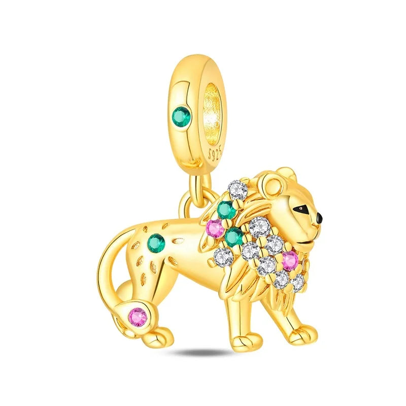 Original 925 Sterling Silver Gold Series DIY Charms Beads Inlaid Zirconium Sun Leopard Pendants Fit Bracelet DIY Jewelry Making