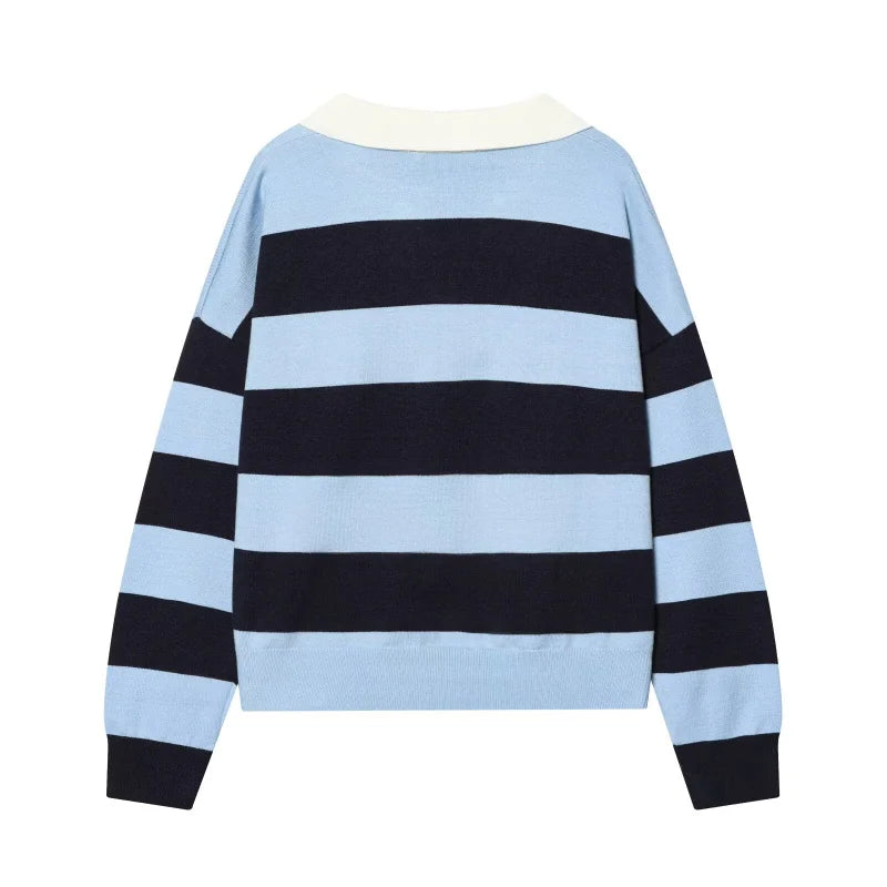 ETJ 2025 Autumn women's new line street style fashion yellow wide stripe polo neck loose version of long-sleeved sweater