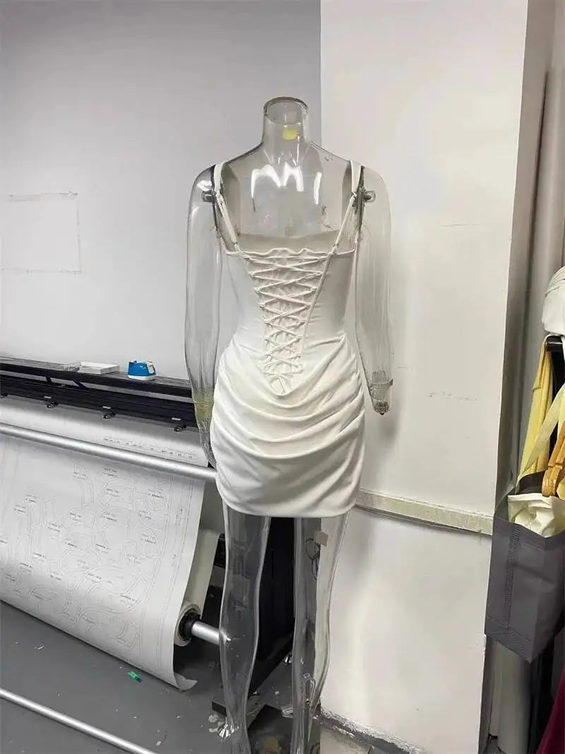 Mozision Backless Ruched Sexy Mini Dress Women Elegant Tapered Straps Square Collar Sleeveless High Waist Club Party Dress
