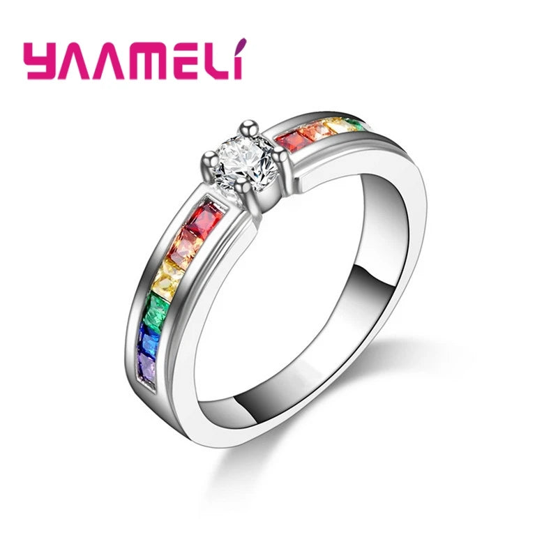 Color Rainbow Cubic Zircon Rings For Women Wedding Lovely Engagement Proposal Ring Accessory