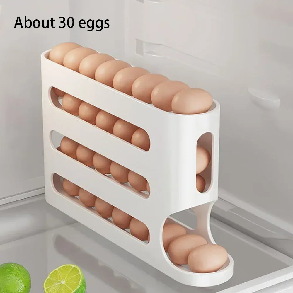 4 Layers Automatic Rolling Egg Holder Rack - Kitchen Fridge Egg Storage Box Organizer Dispenser - Plastic Refrigerator Container