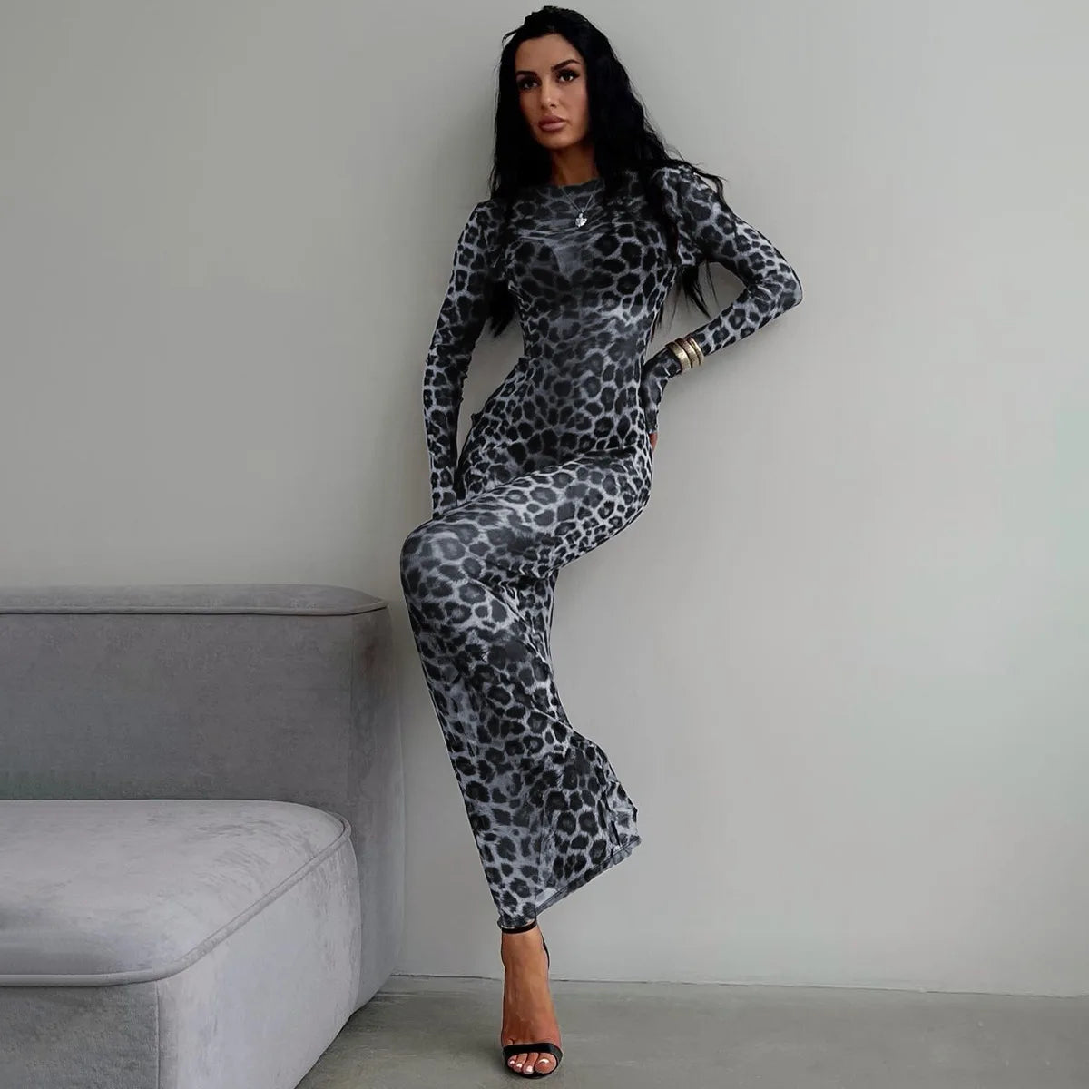 Hugcitar Leopard Print Mesh Long Sleeve Sexy Slim  See Through Maxi Dress Fall Women Fashion Outfits Beach Vacation Club