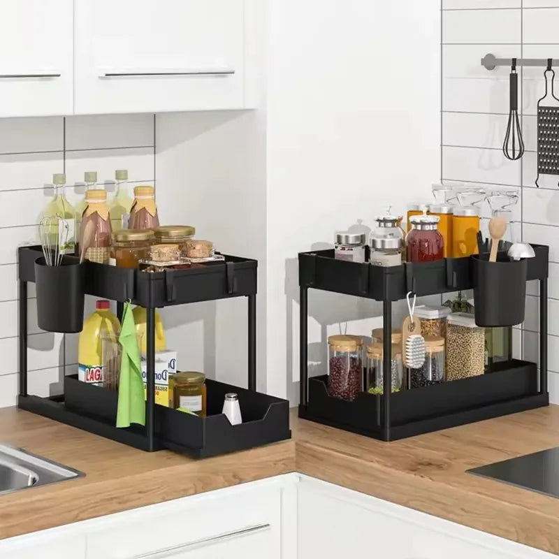 2-Tier Sliding Under Sink Organizer - Cabinet Basket Storage Rack with Hooks and Hanging Cup for Kitchen and Bathroom Use