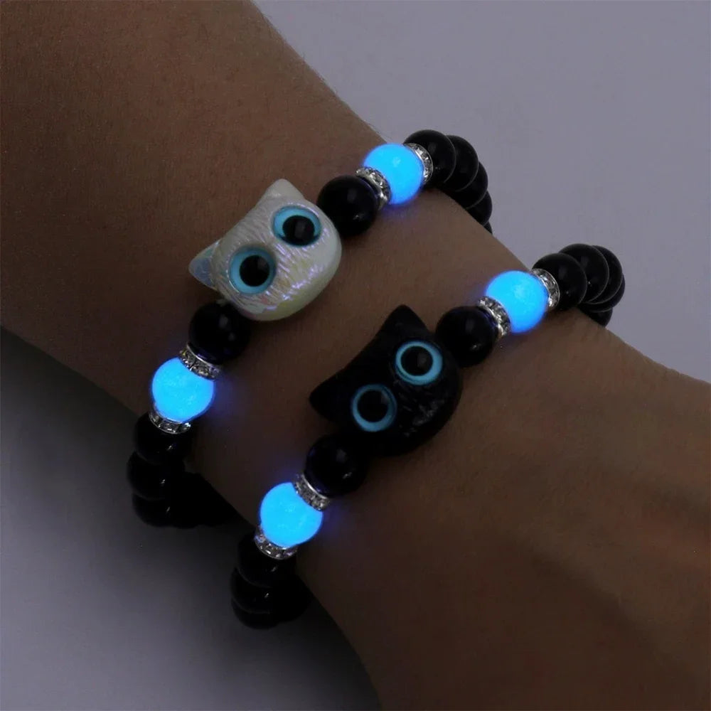 Luminous Cute Cat Head Bead Strand Bracelet for Couples Black White Cat Design Matching Friendship Jewelry for Men And Women