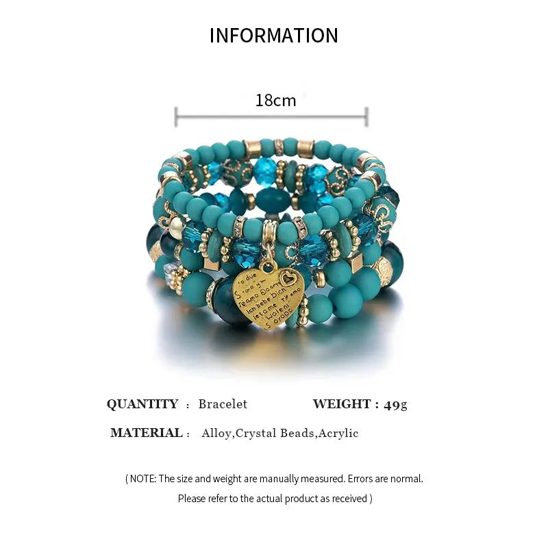 4pcs/set Boho Strand Bracelets For Women Crystal Beads Bracelets Heart Letter Elastic Bangles Wristband Yoga Jewelry Gifts K-