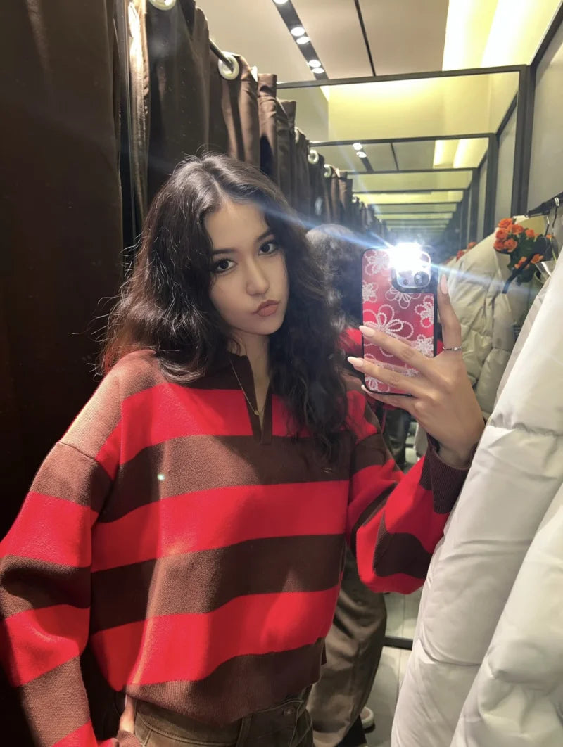 ETJ 2025 Autumn women's new line street style fashion yellow wide stripe polo neck loose version of long-sleeved sweater
