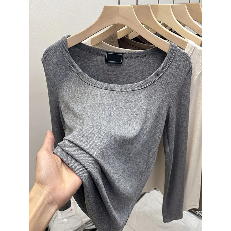 Fashionable U-Neck Long Sleeve Base Shirt Women's Slim Fit Low Collar Top T-Shirt Pure Color Commute Style Spring 2024