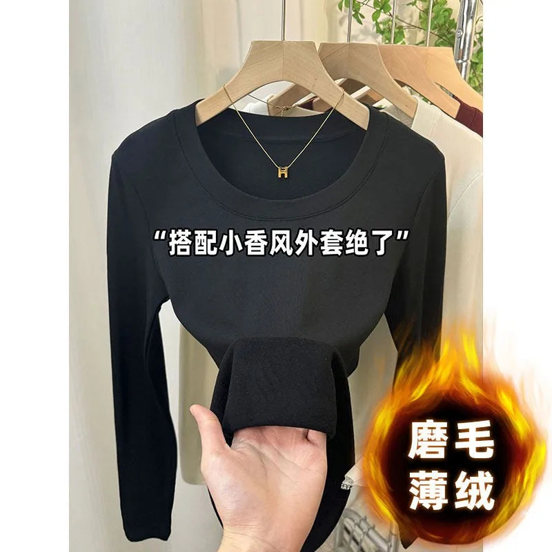 Fashionable U-Neck Long Sleeve Base Shirt Women's Slim Fit Low Collar Top T-Shirt Pure Color Commute Style Spring 2024
