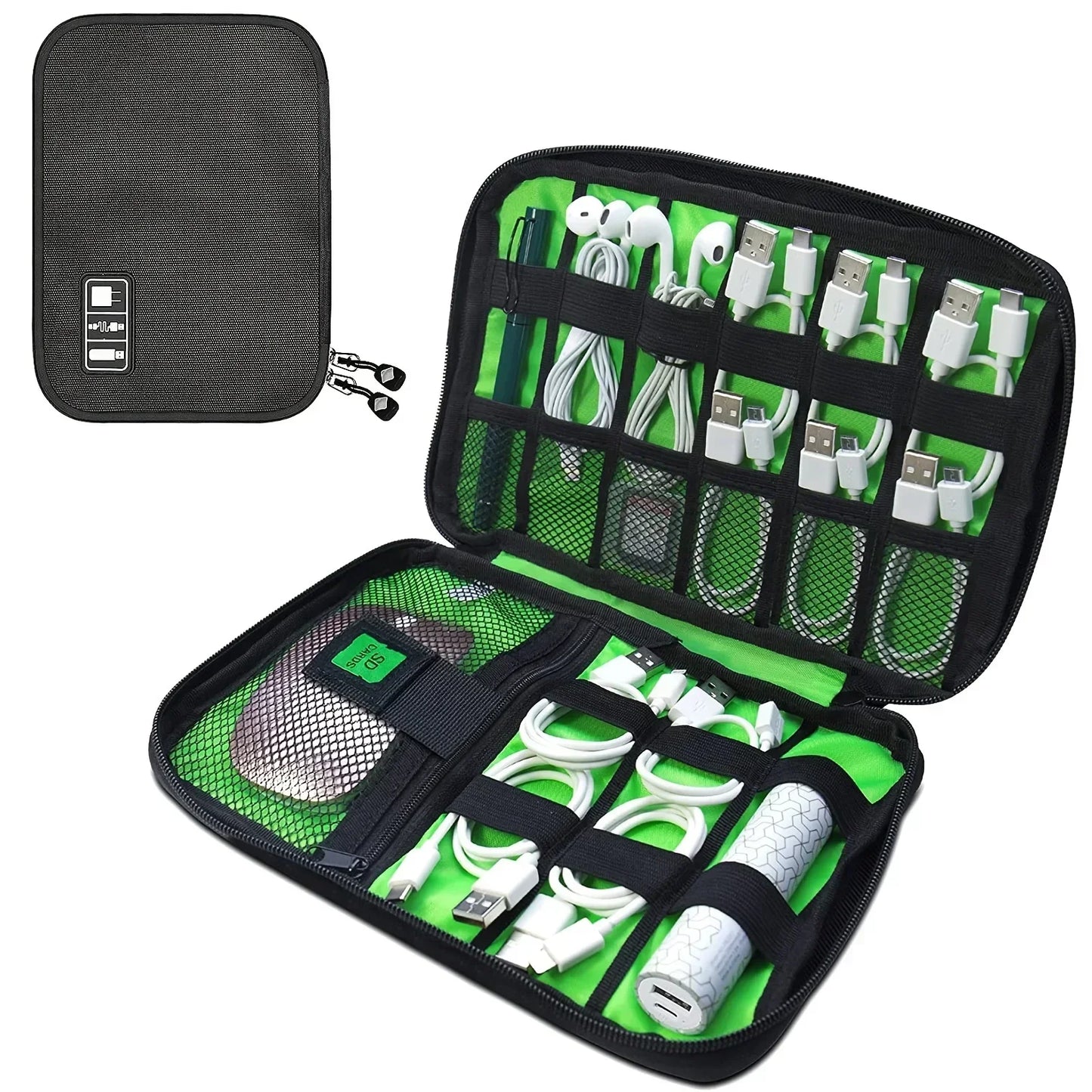 1pc Black Green Storage Bag Electronic Accessory Organizer Portable Usb Data Cable Charger Plug Travel Waterproof Organizer