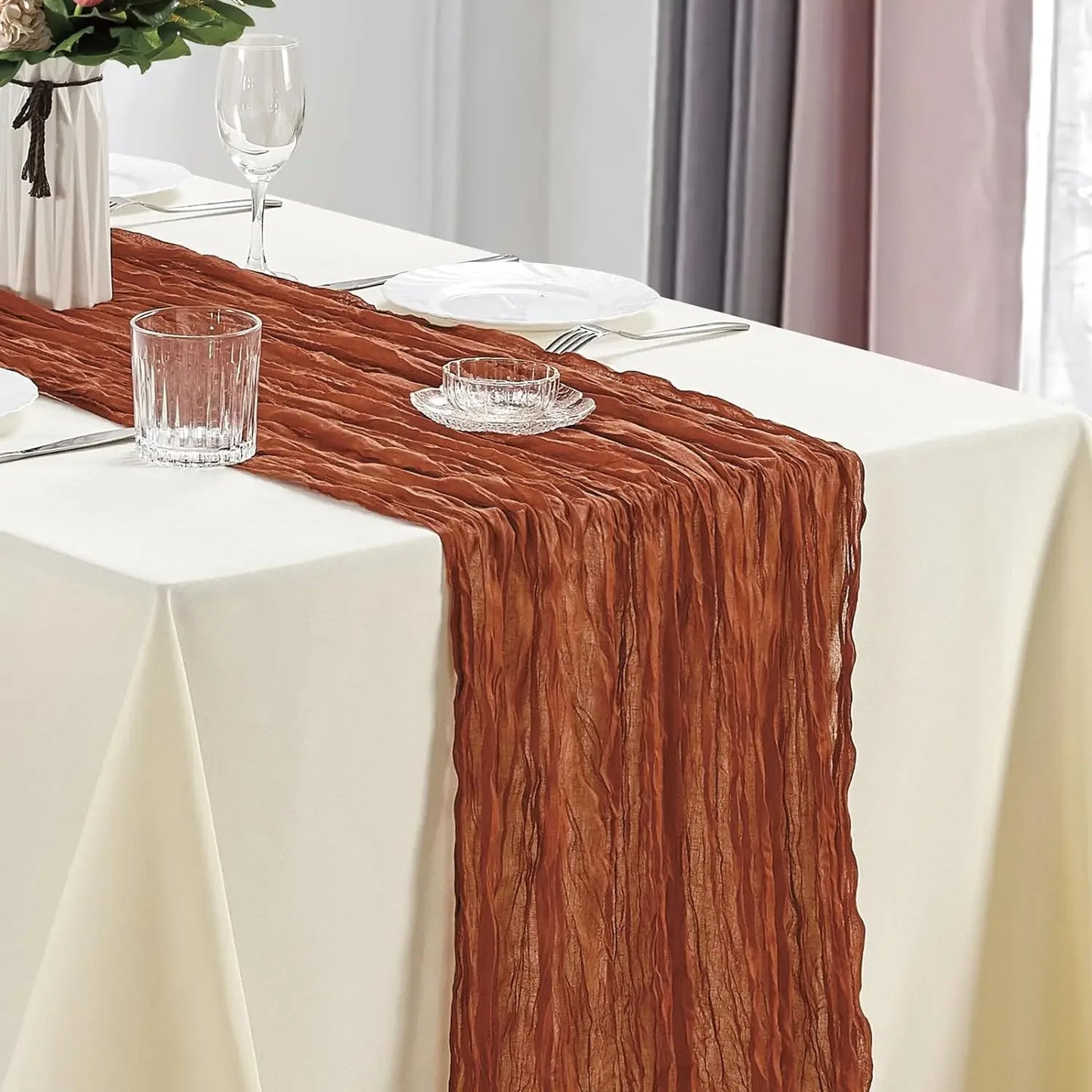 Boho Cheesecloth Table Runner, Semi-Sheer Gauze Fabric Rustic TableRunner for Wedding Bridal Shower Party Banquet
