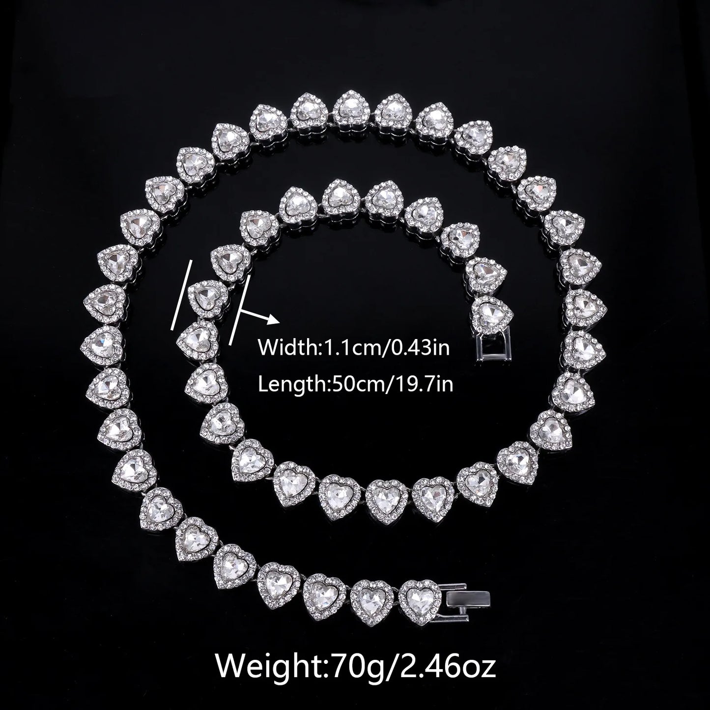 Yupsk 45CM/20CM Shiny Heart Rhinestone Hip Hop Rock Tennis Chain Bracelet Necklace for Women Men Trendy Jewelry Set Gift