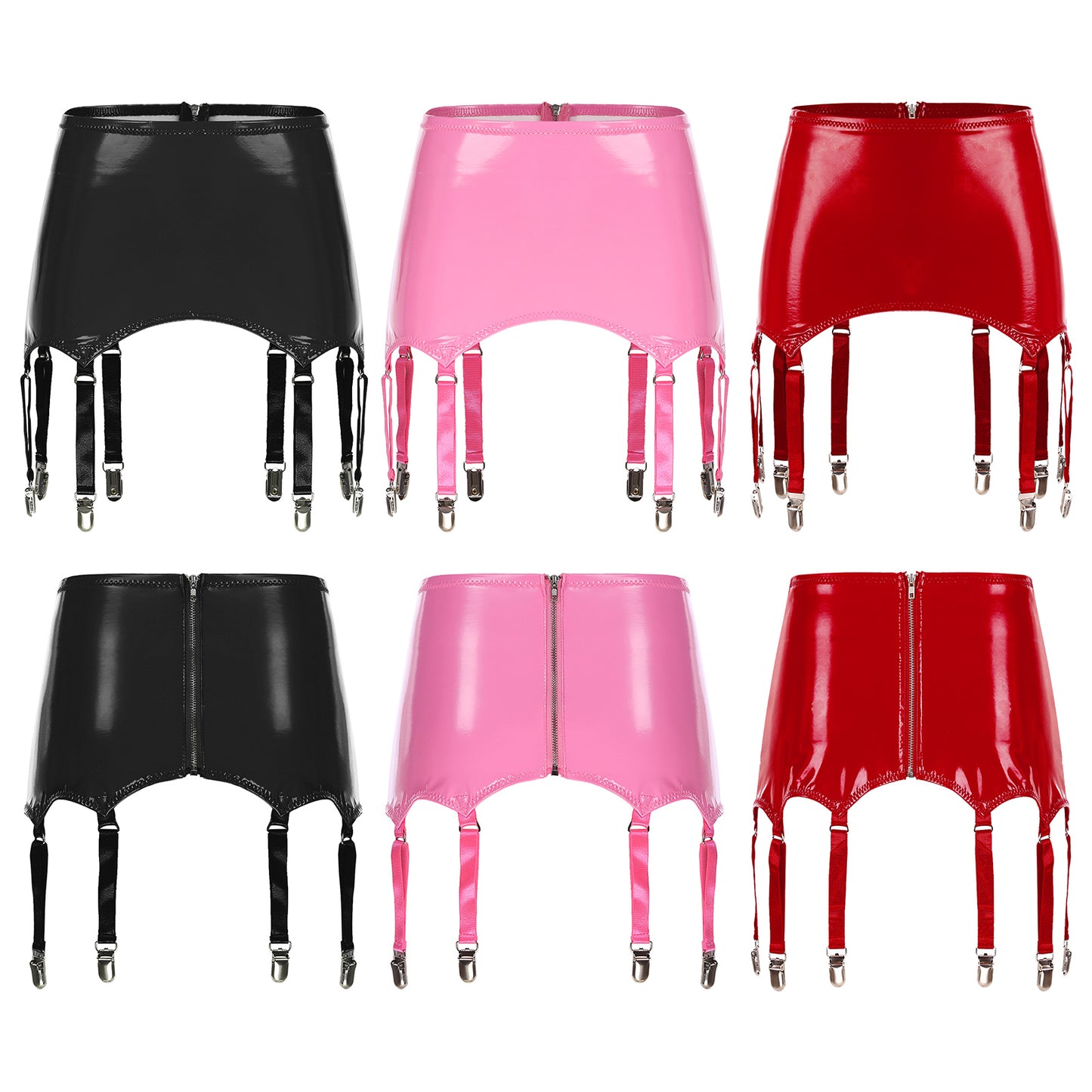 Womens Garters Latex Skirts Suspender Garters Belt Wet Look Patent Leather Mini Skirts Garters with Metal Clips Clubwear Costume
