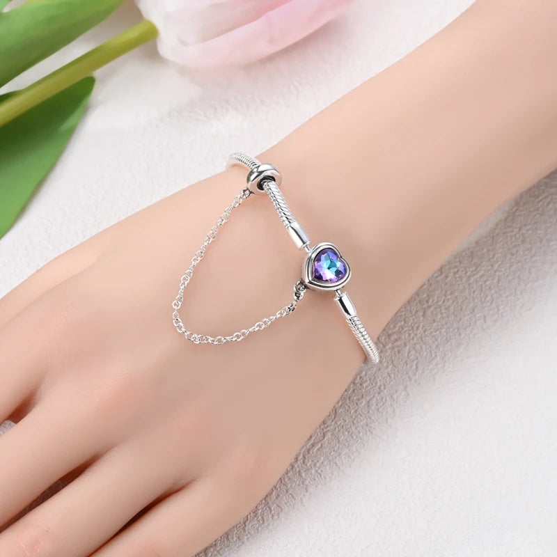 New 925 Sterling Silver Heart Shaped Zircon Snake Bone Bracelet For Women Fashion Birthday Jewelry Gift