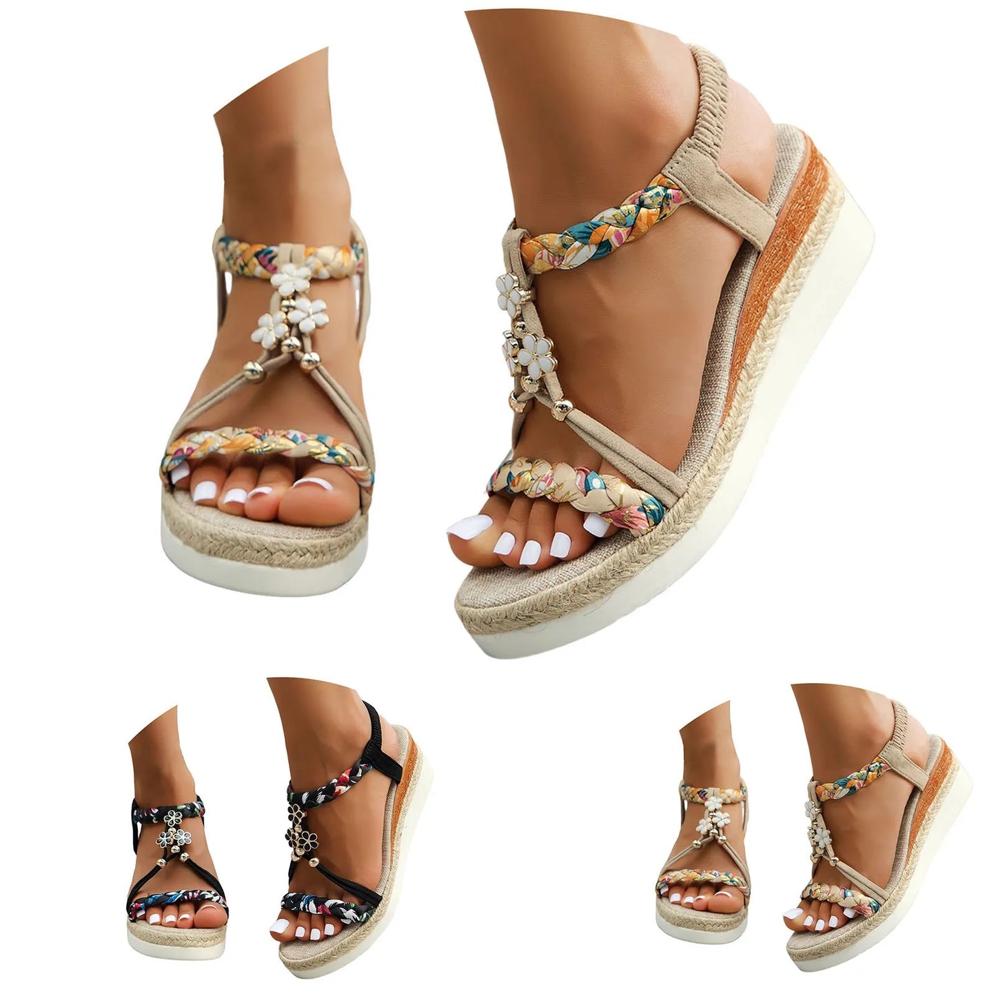 Women'S New Summer Sandals Classic Wedge Thick Sole Elevated Elastic Strap Open Toe Hollow Clear Heel Sandals For Beach Vacation