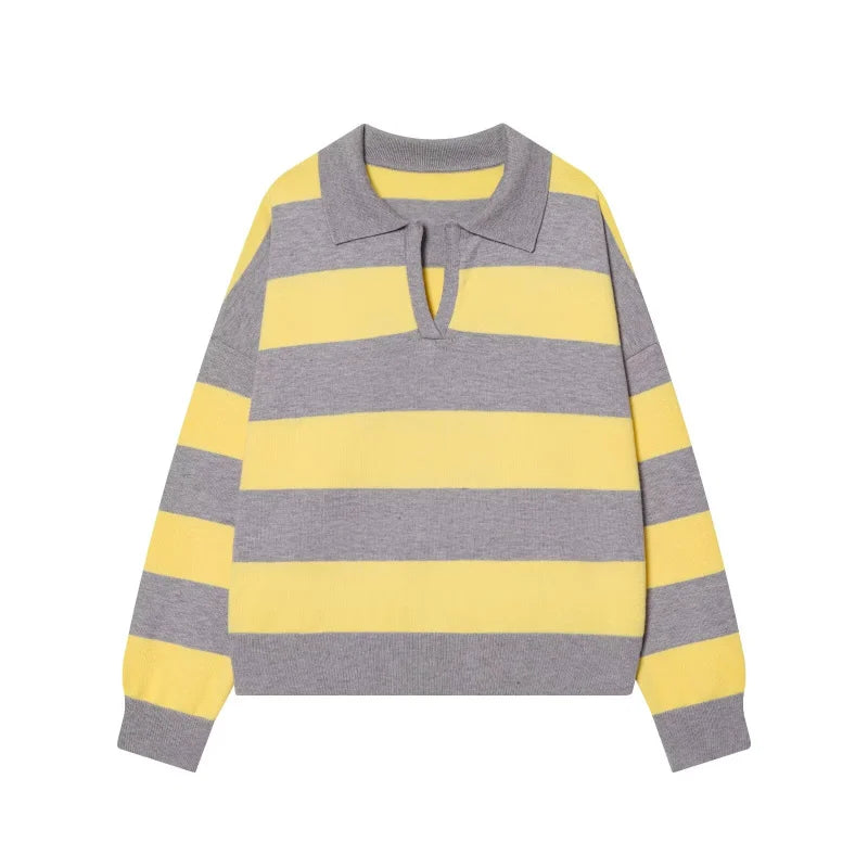 ETJ 2025 Autumn women's new line street style fashion yellow wide stripe polo neck loose version of long-sleeved sweater