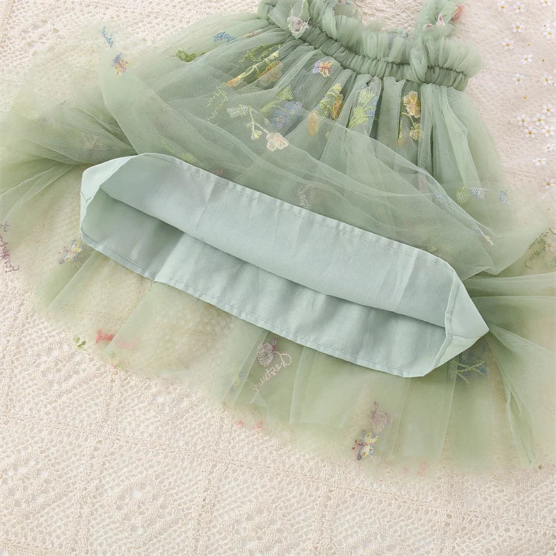 Summer New Princess Style Baby Girl Dress, Sweet Green Floral Chiffon Children'S Clothing (6 Months -5 Years Old)