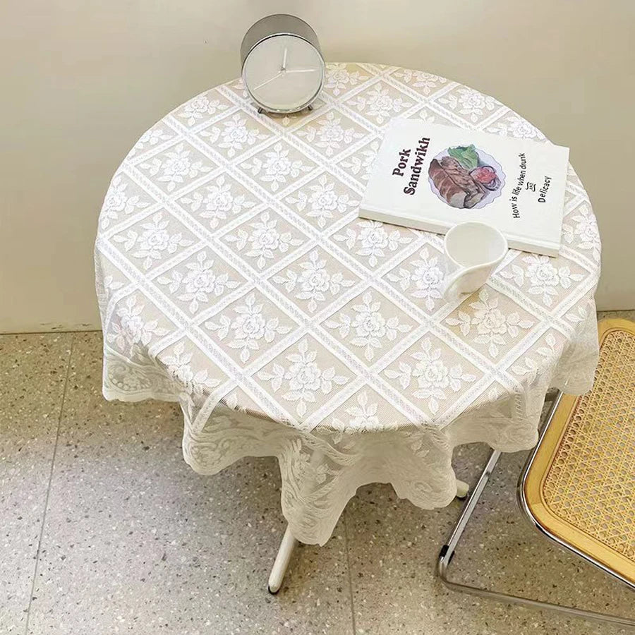 One Antique Embroidered Lace Tablecloth - Solid Color Elegant Flower Cut Process Polyester Square Tablecloth, 100% Polyester