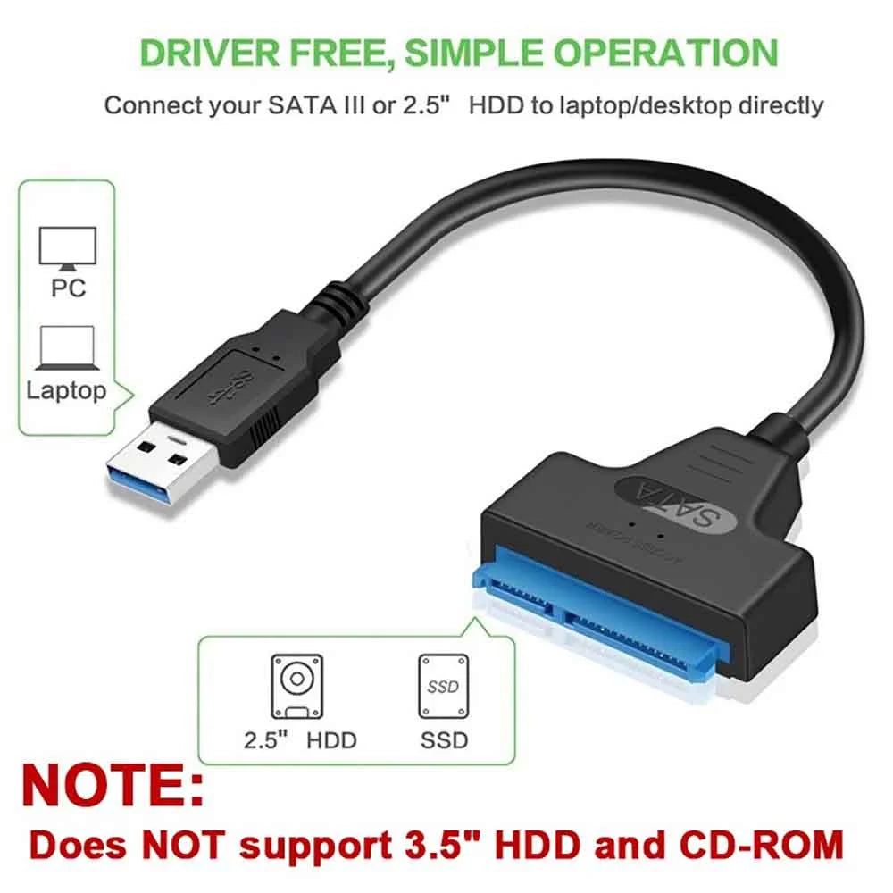 For 2.5 inch Hard Drive HDD/SSD Data Transfer SATA to USB 3.0 Adapter Cable, External Hard Drive Converter Support UASP (Black)