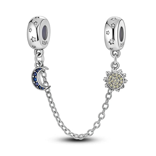 S925 Silver Plated Star Moon Safety Chain Charms Beads Fit Original Bracelet Fine DIY Birthday Jewelry