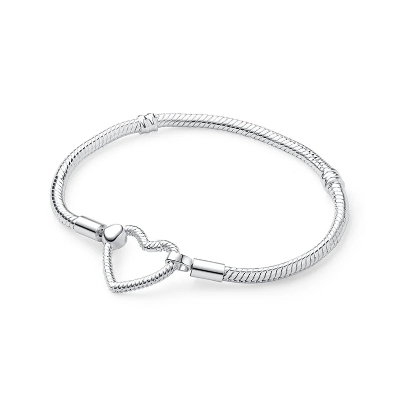 Original 925 Sterling Silver Bracelets Bangles Love Heart Clip Charms Beads Snake Chains For Women Rose Gold DIY Luxury Jewelry