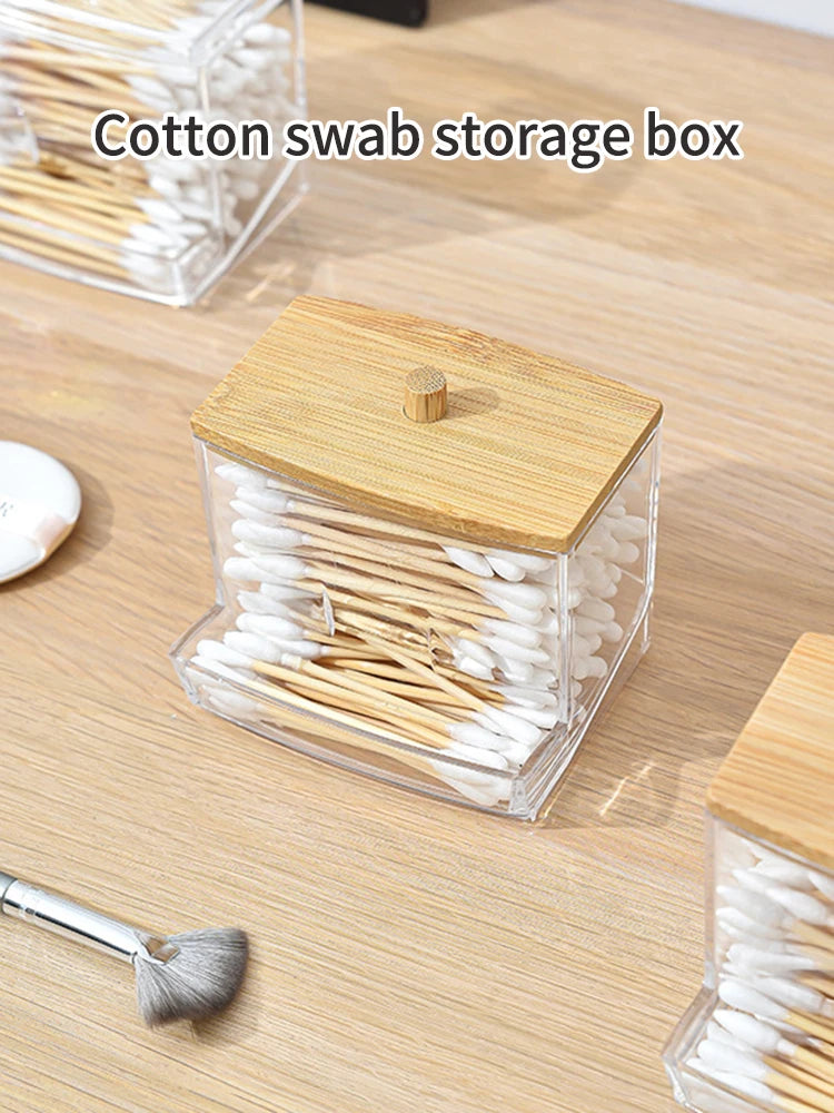 1 Household Cotton Swab Storage Tank, Acrylic Square Bamboo Cover Storage Box, Suitable For Bathroom, Bedroom, Transparent