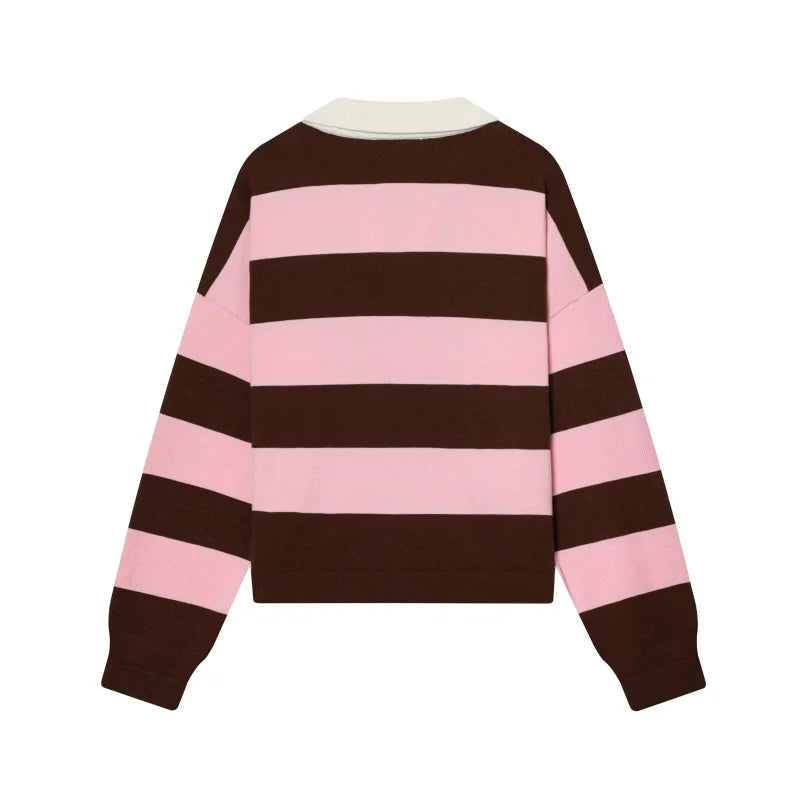 ETJ 2025 Autumn women's new line street style fashion yellow wide stripe polo neck loose version of long-sleeved sweater