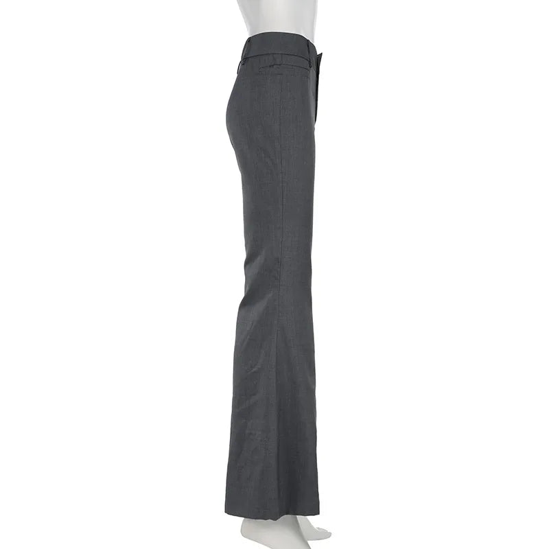 Lucyever Grey Low Waisted Flared Pants Female Y2K High Street Retro Wide Leg Trousers Fashion Slim Pocket Office Lady Suit Pants