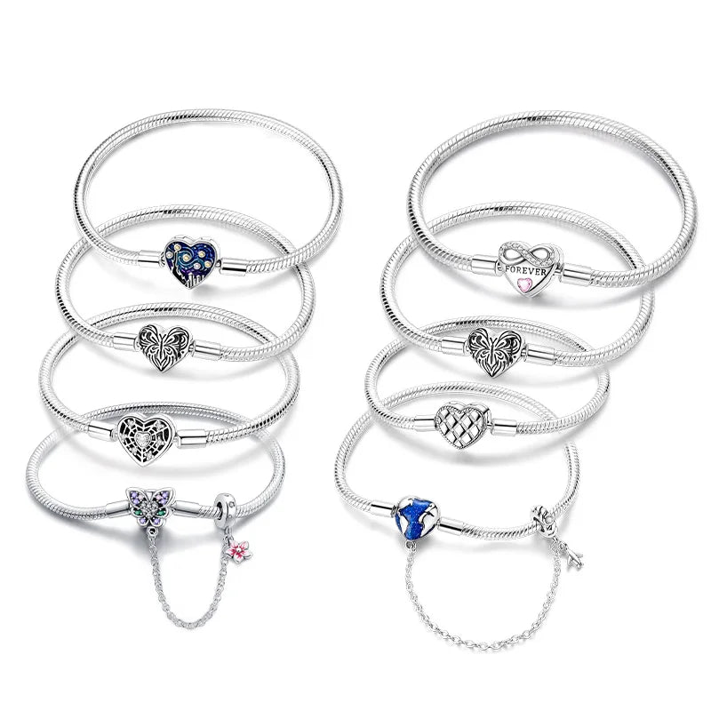 New 925 Sterling Silver Heart Shaped Zircon Snake Bone Bracelet For Women Fashion Birthday Jewelry Gift