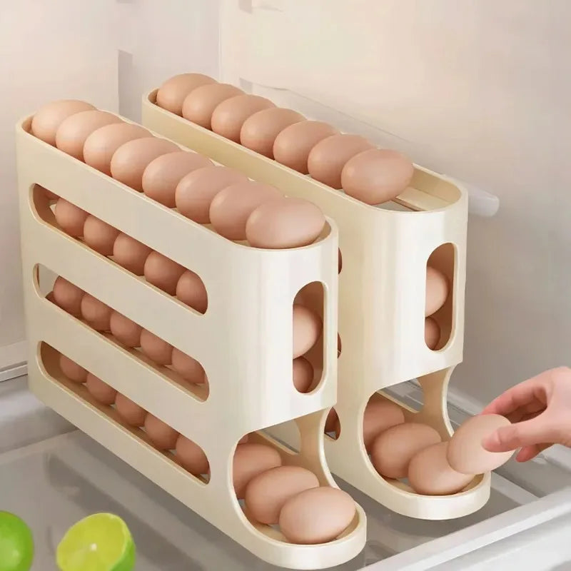 4 Layers Automatic Rolling Egg Holder Rack - Kitchen Fridge Egg Storage Box Organizer Dispenser - Plastic Refrigerator Container