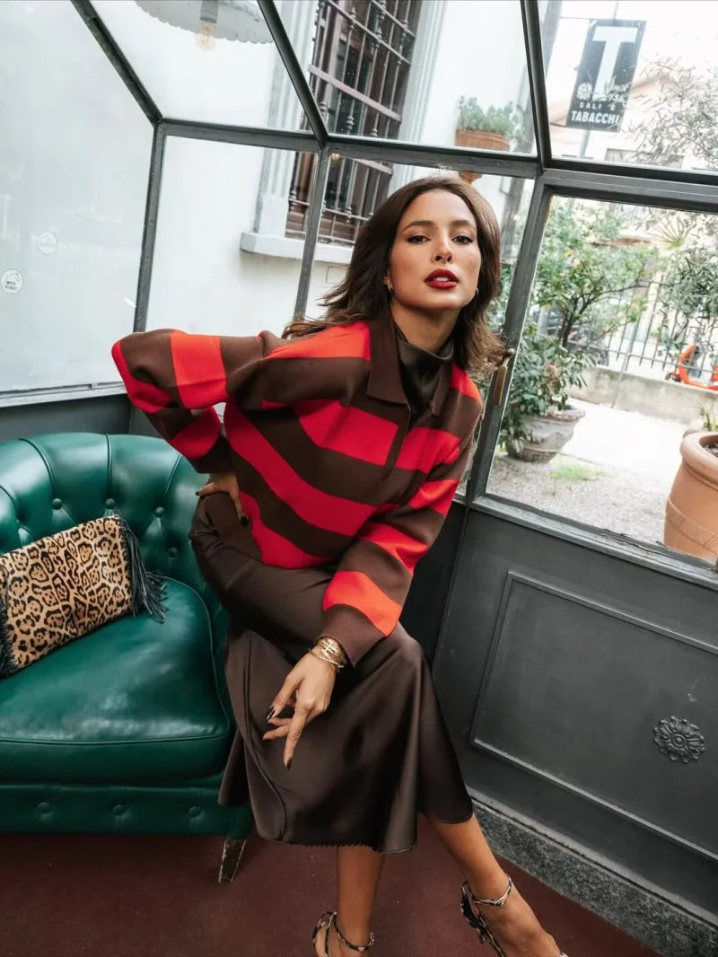 ETJ 2025 Autumn women's new line street style fashion yellow wide stripe polo neck loose version of long-sleeved sweater