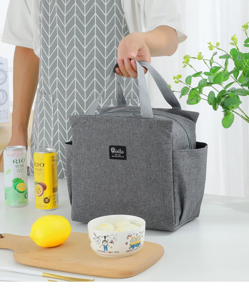 1PC Insulated Lunch Bag With 2 Side Pockets Large Capacity Thermal Lunch Box Bag To School Picnic Work Insulated Freezer Bag